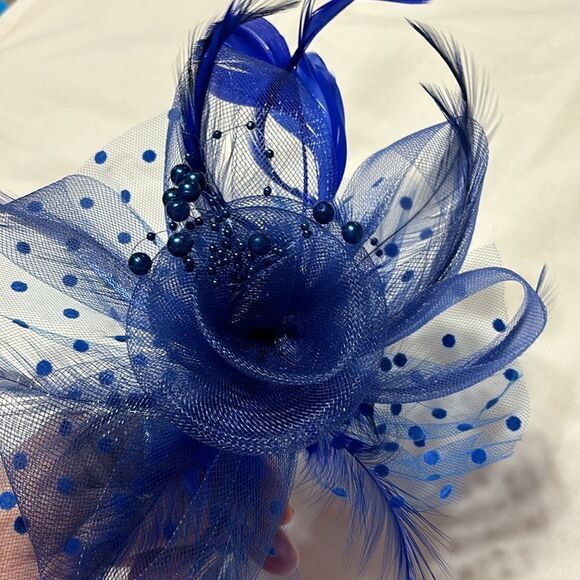Royal Blue Fascinator w/ polkadot mesh and clip attachment and headband - Picture 5 of 8